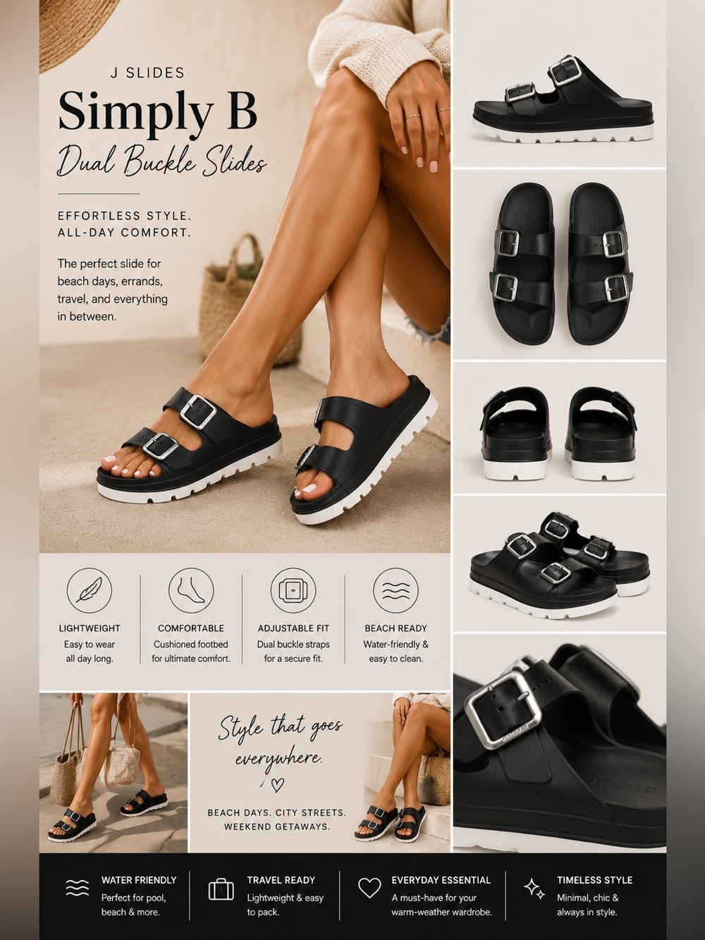 J Slides Simply B Dual Buckle Beach Slides Black White Womens 8